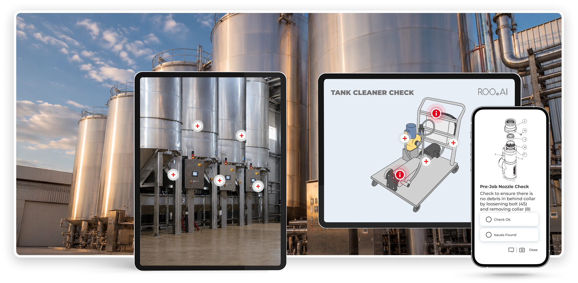 ROO.AI frontline workflows on tablet and mobile at an industrial site