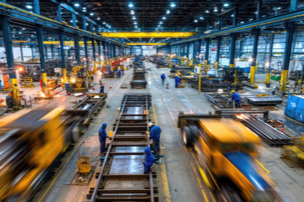 factory floor with multiple assembly lines, workers in uniform, and heavy machinery in operation